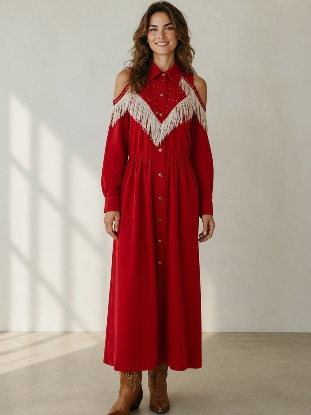 Vintage Western Red Handmade Cowgirl Fringe Maxi Dress Cotton Cold Shoulder